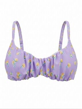 Ninety-Nine Lilac Lemon-Print Bikini Top Feminine Ruched Swim Beach Vacation